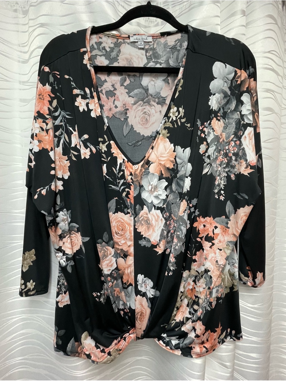 White Birch Black V-Neck Floral Knot Front Tunic